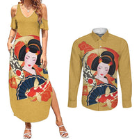 Japanese Geisha Koi Fish Couples Matching Summer Maxi Dress and Long Sleeve Button Shirt Cherry Blossoms Yellow Seigaiha Pattern - Polynesian Pride