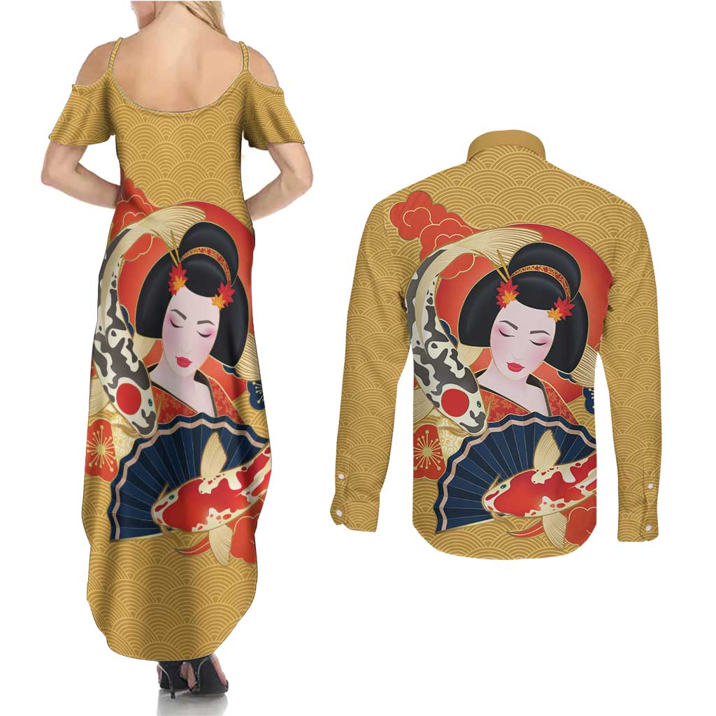 Japanese Geisha Koi Fish Couples Matching Summer Maxi Dress and Long Sleeve Button Shirt Cherry Blossoms Yellow Seigaiha Pattern - Polynesian Pride