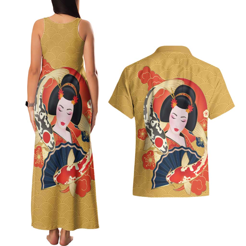 Japanese Geisha Koi Fish Couples Matching Tank Maxi Dress and Hawaiian Shirt Cherry Blossoms Yellow Seigaiha Pattern - Polynesian Pride