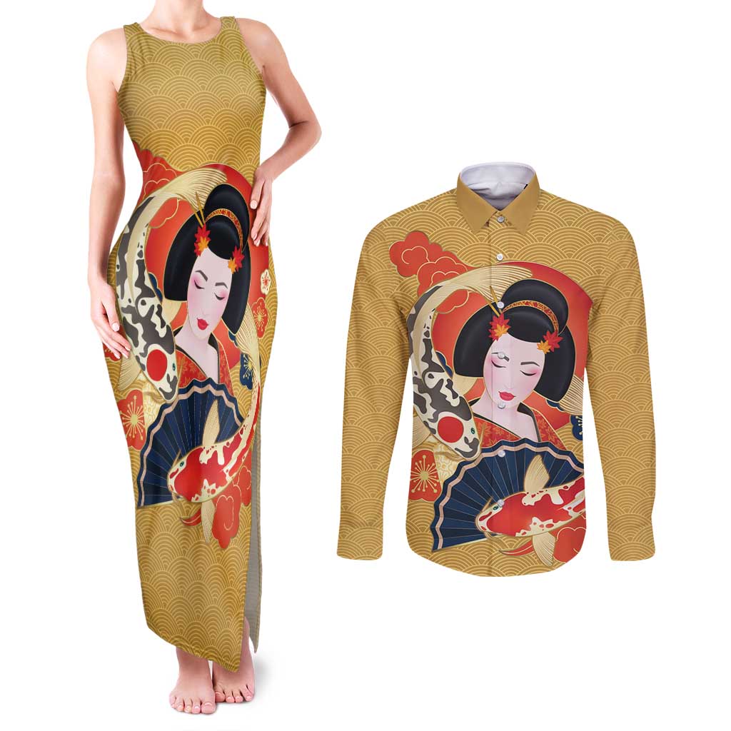 Japanese Geisha Koi Fish Couples Matching Tank Maxi Dress and Long Sleeve Button Shirt Cherry Blossoms Yellow Seigaiha Pattern - Polynesian Pride