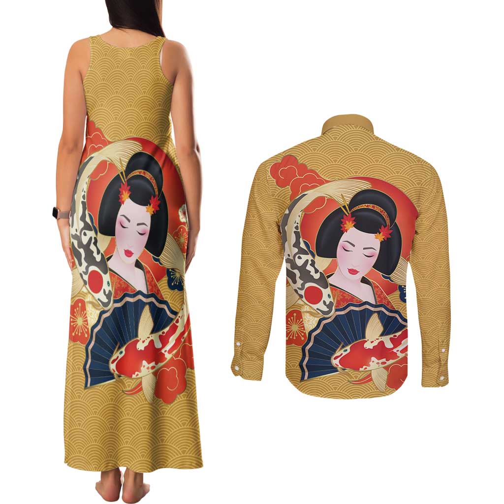 Japanese Geisha Koi Fish Couples Matching Tank Maxi Dress and Long Sleeve Button Shirt Cherry Blossoms Yellow Seigaiha Pattern - Polynesian Pride