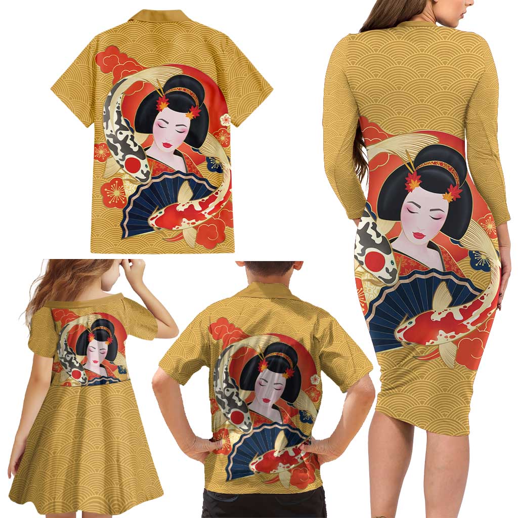 Japanese Geisha Koi Fish Family Matching Long Sleeve Bodycon Dress and Hawaiian Shirt Cherry Blossoms Yellow Seigaiha Pattern - Polynesian Pride