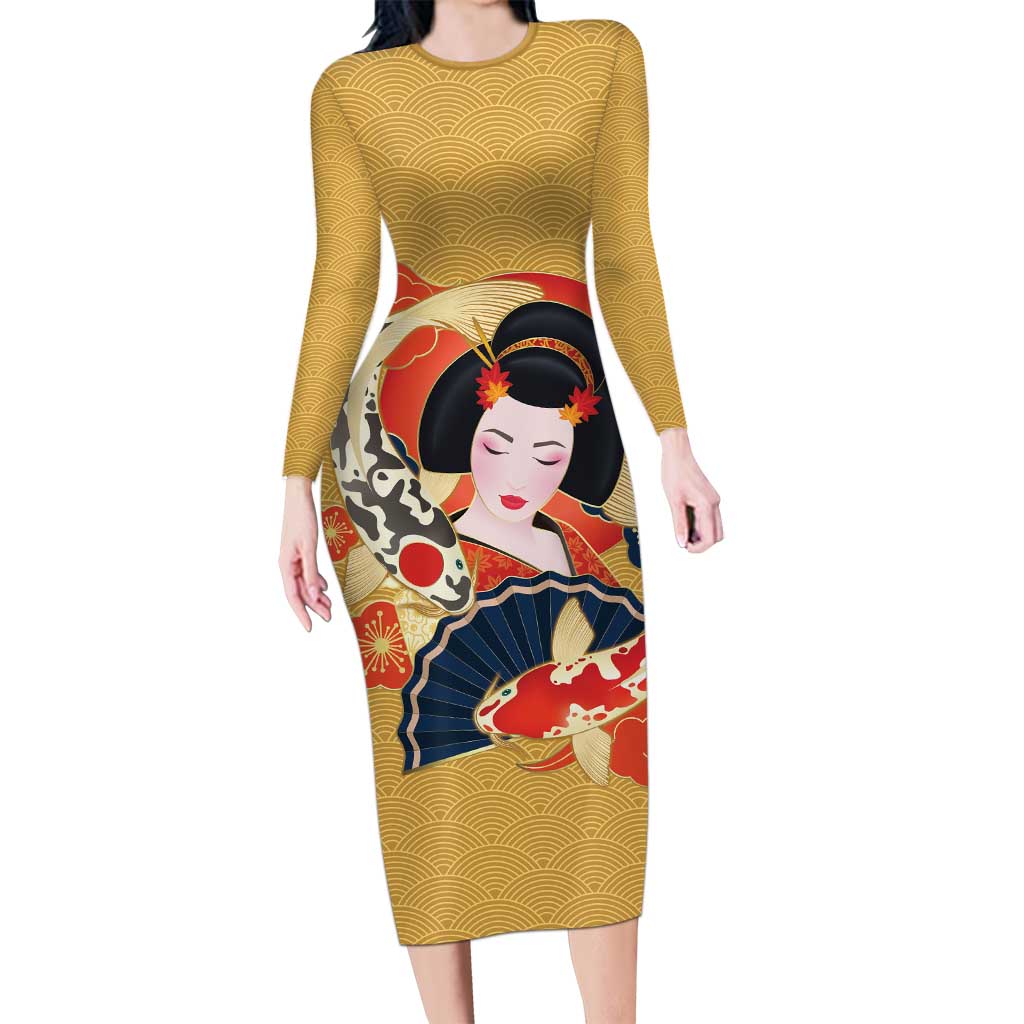 Japanese Geisha Koi Fish Family Matching Long Sleeve Bodycon Dress and Hawaiian Shirt Cherry Blossoms Yellow Seigaiha Pattern - Polynesian Pride