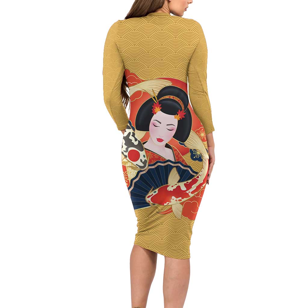 Japanese Geisha Koi Fish Family Matching Long Sleeve Bodycon Dress and Hawaiian Shirt Cherry Blossoms Yellow Seigaiha Pattern - Polynesian Pride
