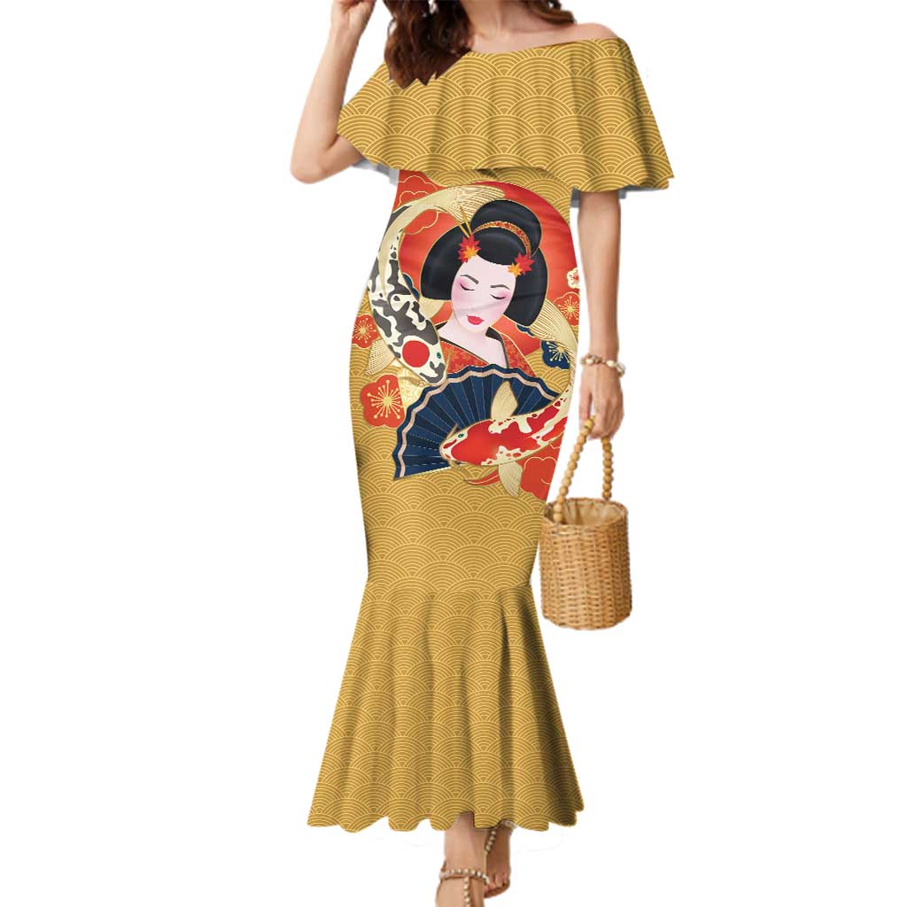 Japanese Geisha Koi Fish Family Matching Mermaid Dress and Hawaiian Shirt Cherry Blossoms Yellow Seigaiha Pattern - Polynesian Pride