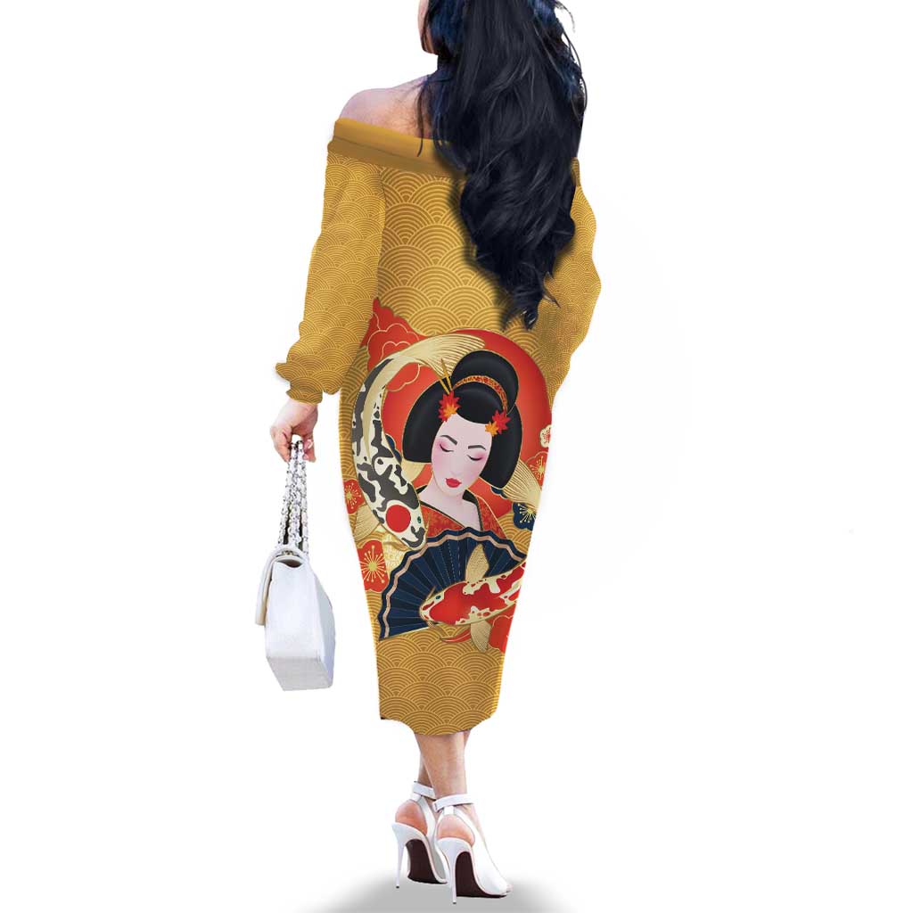 Japanese Geisha Koi Fish Family Matching Off The Shoulder Long Sleeve Dress and Hawaiian Shirt Cherry Blossoms Yellow Seigaiha Pattern - Polynesian Pride