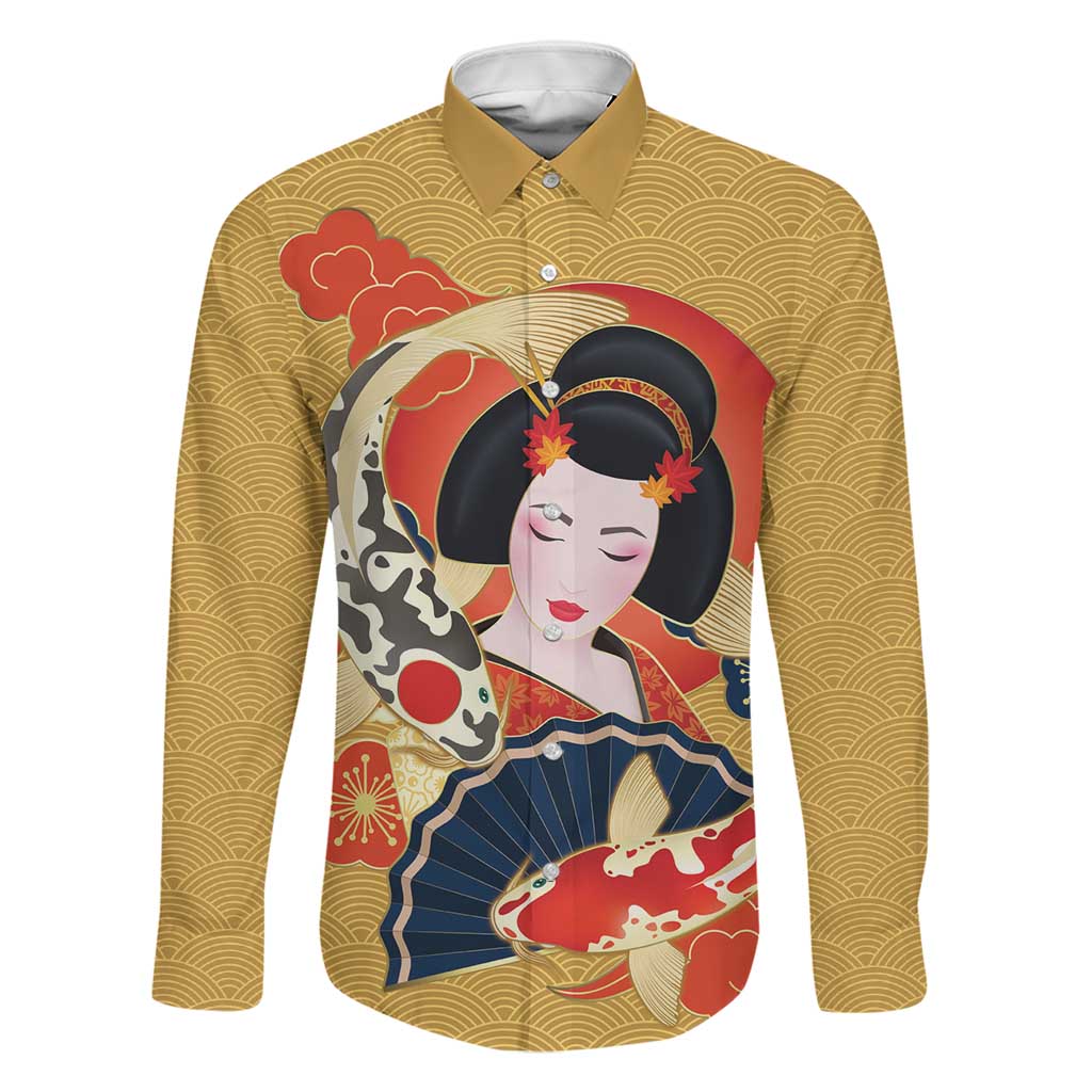 Japanese Geisha Koi Fish Family Matching Off Shoulder Maxi Dress and Hawaiian Shirt Cherry Blossoms Yellow Seigaiha Pattern - Polynesian Pride
