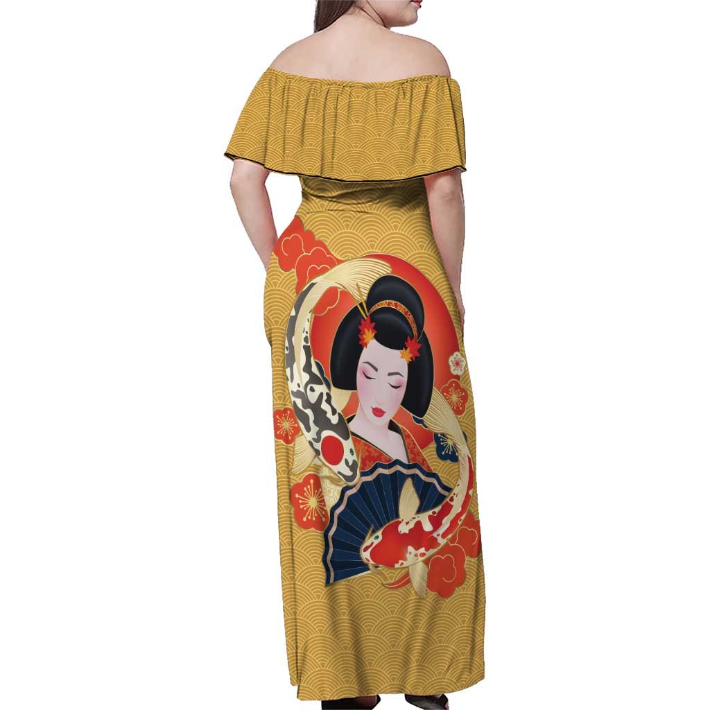 Japanese Geisha Koi Fish Family Matching Off Shoulder Maxi Dress and Hawaiian Shirt Cherry Blossoms Yellow Seigaiha Pattern - Polynesian Pride