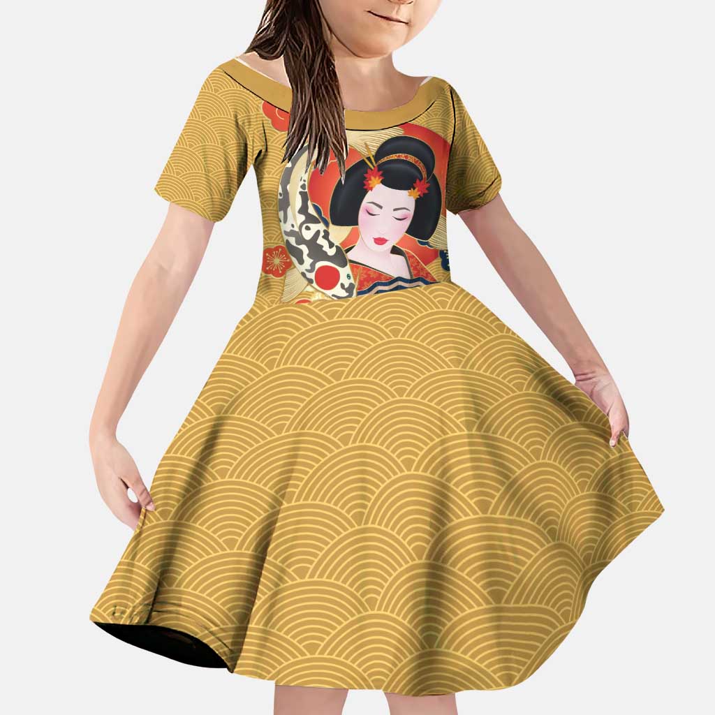 Japanese Geisha Koi Fish Family Matching Off Shoulder Short Dress and Hawaiian Shirt Cherry Blossoms Yellow Seigaiha Pattern - Polynesian Pride