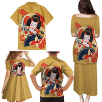 Japanese Geisha Koi Fish Family Matching Puletasi and Hawaiian Shirt Cherry Blossoms Yellow Seigaiha Pattern - Polynesian Pride