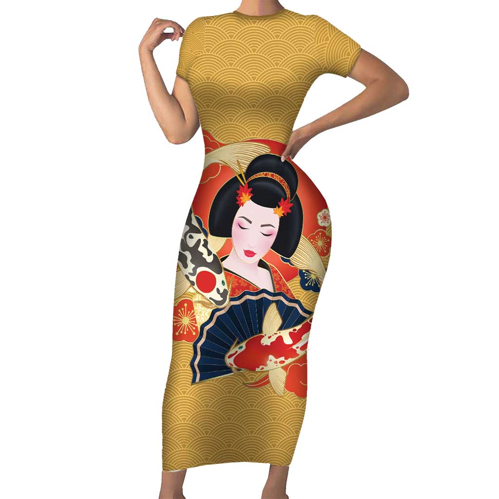 Japanese Geisha Koi Fish Family Matching Short Sleeve Bodycon Dress and Hawaiian Shirt Cherry Blossoms Yellow Seigaiha Pattern - Polynesian Pride