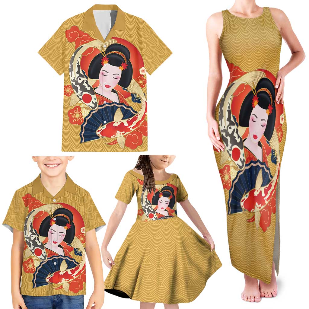 Japanese Geisha Koi Fish Family Matching Tank Maxi Dress and Hawaiian Shirt Cherry Blossoms Yellow Seigaiha Pattern - Polynesian Pride