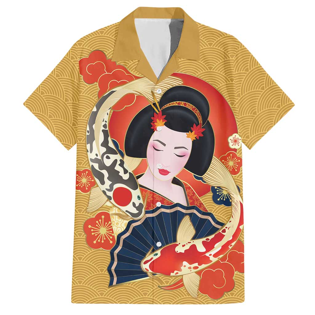 Japanese Geisha Koi Fish Hawaiian Shirt Cherry Blossoms Yellow Seigaiha Pattern - Polynesian Pride