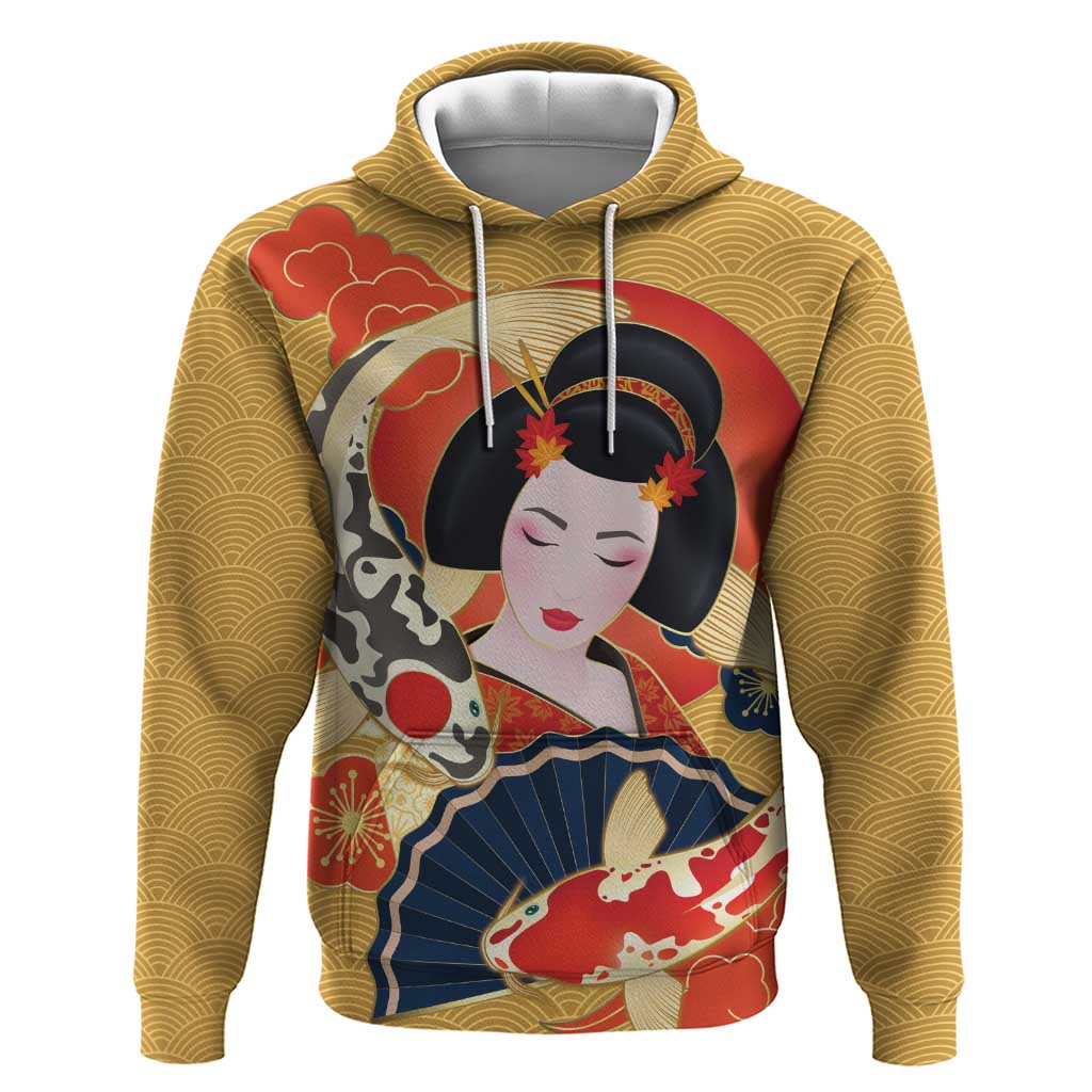 Japanese Geisha Koi Fish Hoodie Cherry Blossoms Yellow Seigaiha Pattern LT14 Pullover Hoodie Yellow - Polynesian Pride