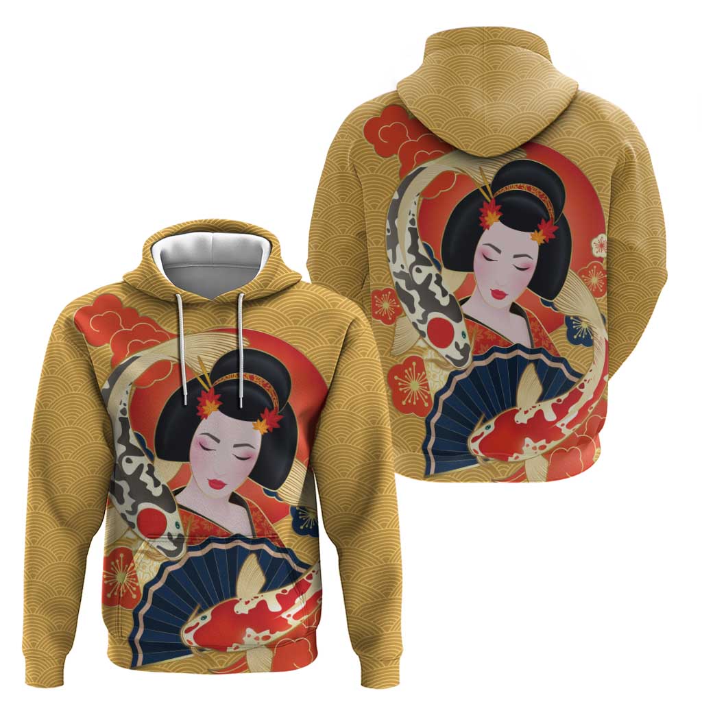 Japanese Geisha Koi Fish Hoodie Cherry Blossoms Yellow Seigaiha Pattern LT14 - Polynesian Pride