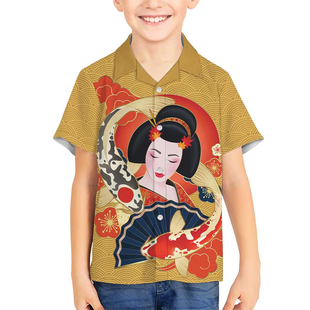 Japanese Geisha Koi Fish Kid Hawaiian Shirt Cherry Blossoms Yellow Seigaiha Pattern LT14 Kid Yellow - Polynesian Pride