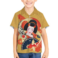 Japanese Geisha Koi Fish Kid Hawaiian Shirt Cherry Blossoms Yellow Seigaiha Pattern LT14 Kid Yellow - Polynesian Pride