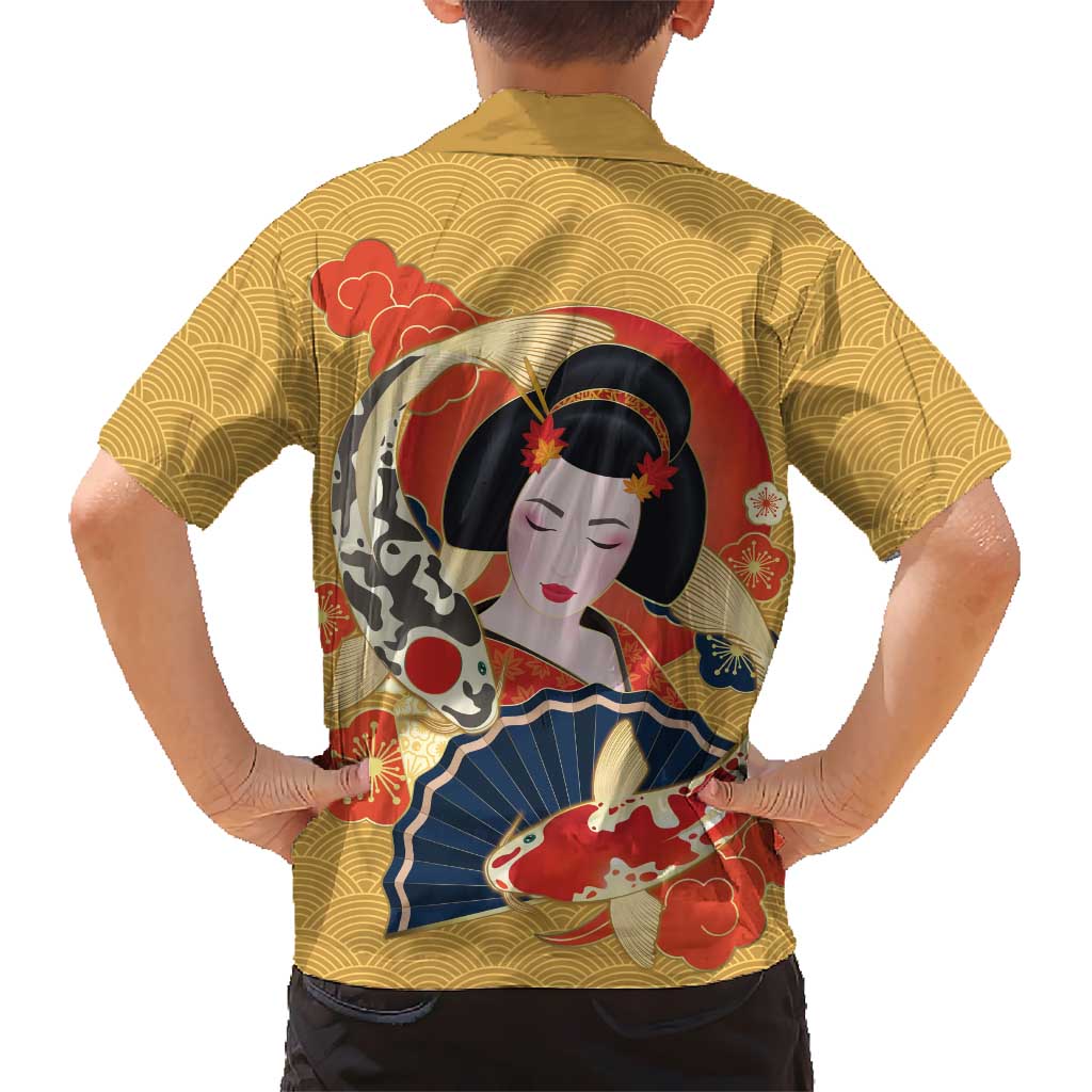 Japanese Geisha Koi Fish Kid Hawaiian Shirt Cherry Blossoms Yellow Seigaiha Pattern LT14 - Polynesian Pride