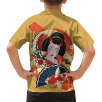Japanese Geisha Koi Fish Kid Hawaiian Shirt Cherry Blossoms Yellow Seigaiha Pattern LT14 - Polynesian Pride