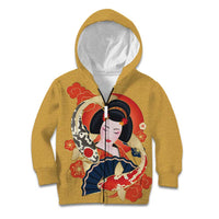 Japanese Geisha Koi Fish Kid Hoodie Cherry Blossoms Yellow Seigaiha Pattern - Polynesian Pride