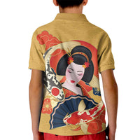 Japanese Geisha Koi Fish Kid Polo Shirt Cherry Blossoms Yellow Seigaiha Pattern - Polynesian Pride