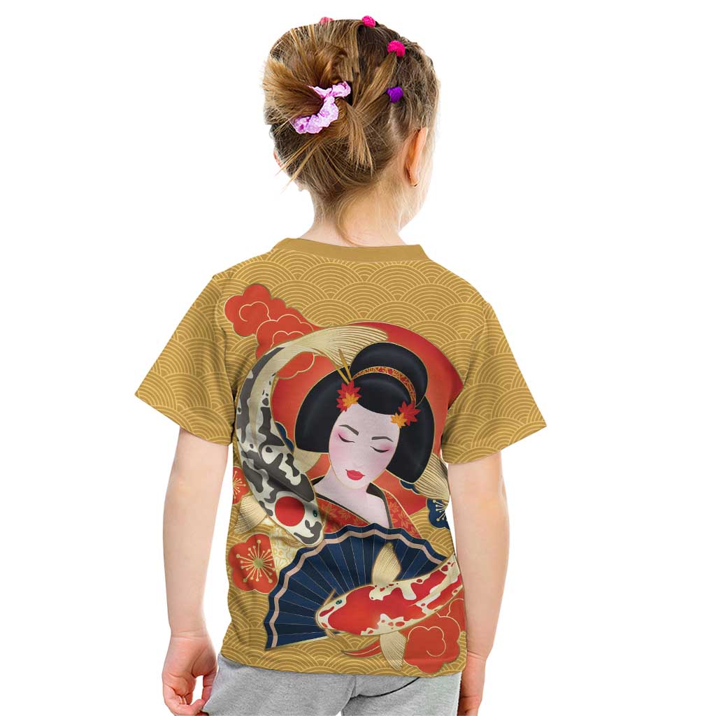 Japanese Geisha Koi Fish Kid T Shirt Cherry Blossoms Yellow Seigaiha Pattern - Polynesian Pride