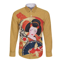 Japanese Geisha Koi Fish Long Sleeve Button Shirt Cherry Blossoms Yellow Seigaiha Pattern - Polynesian Pride