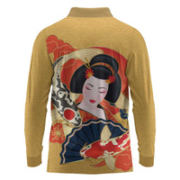 Japanese Geisha Koi Fish Long Sleeve Polo Shirt Cherry Blossoms Yellow Seigaiha Pattern - Polynesian Pride
