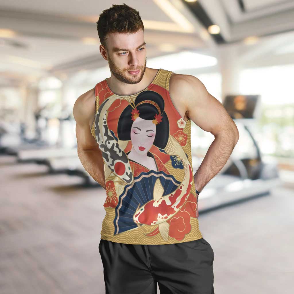 Japanese Geisha Koi Fish Men Tank Top Cherry Blossoms Yellow Seigaiha Pattern - Polynesian Pride