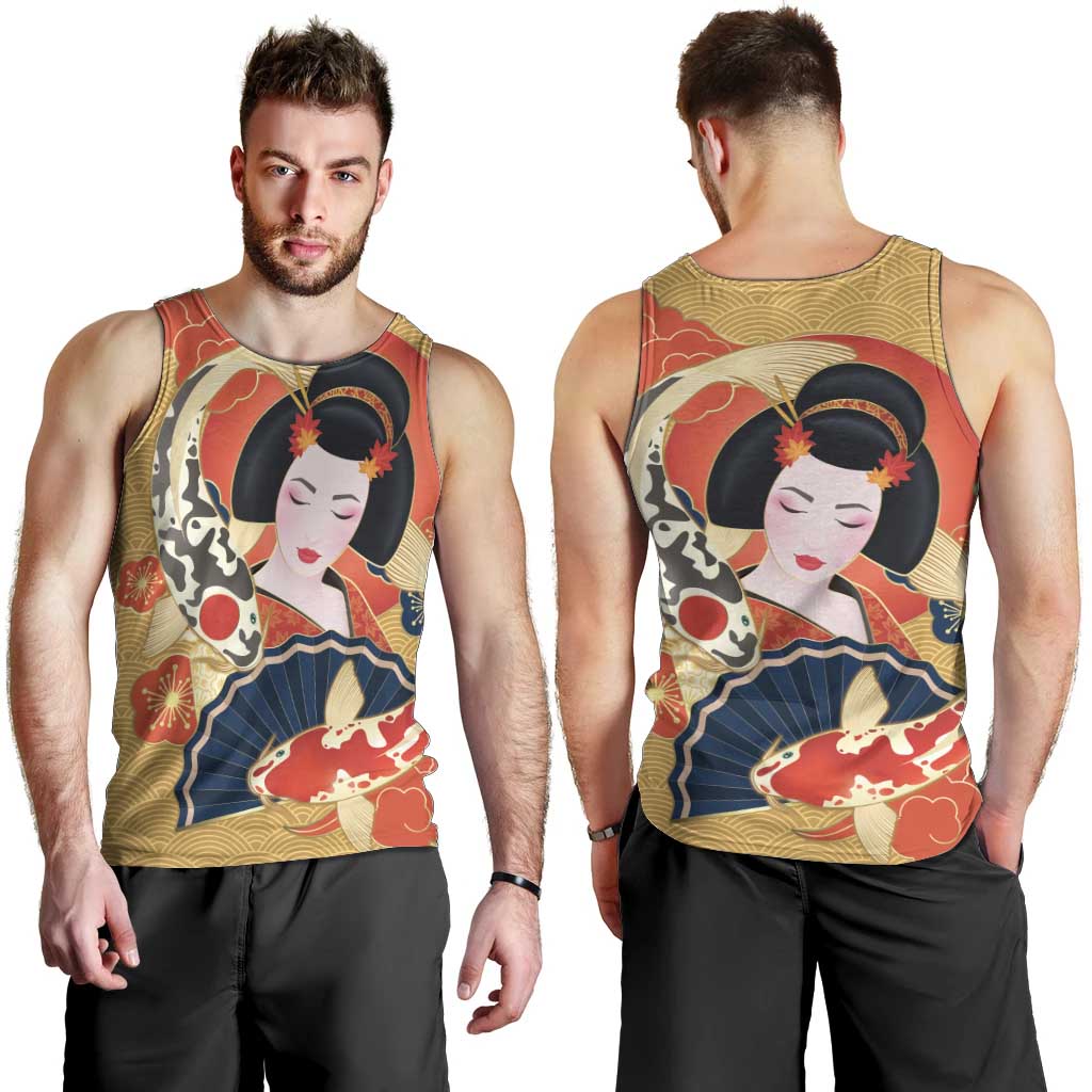 Japanese Geisha Koi Fish Men Tank Top Cherry Blossoms Yellow Seigaiha Pattern - Polynesian Pride