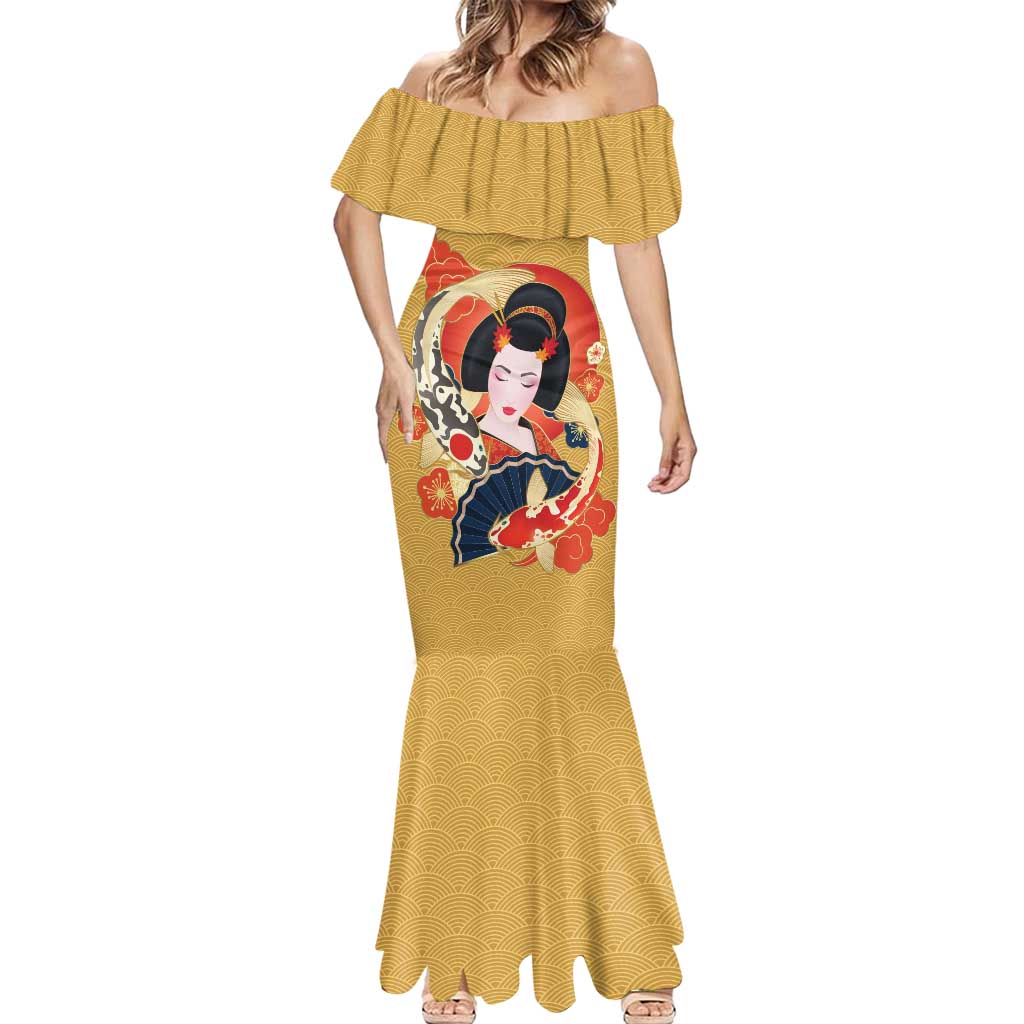 Japanese Geisha Koi Fish Mermaid Dress Cherry Blossoms Yellow Seigaiha Pattern - Polynesian Pride