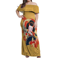 Japanese Geisha Koi Fish Off Shoulder Maxi Dress Cherry Blossoms Yellow Seigaiha Pattern - Polynesian Pride