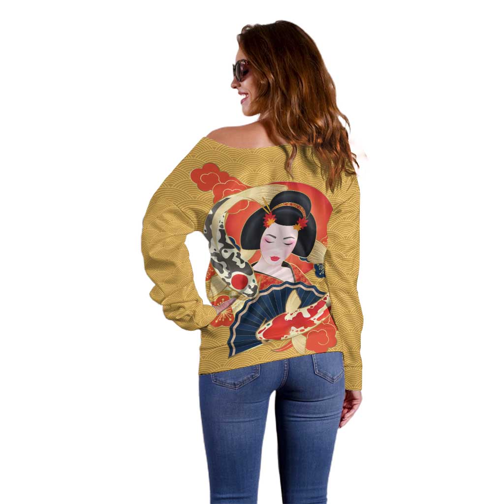 Japanese Geisha Koi Fish Off Shoulder Sweater Cherry Blossoms Yellow Seigaiha Pattern - Polynesian Pride