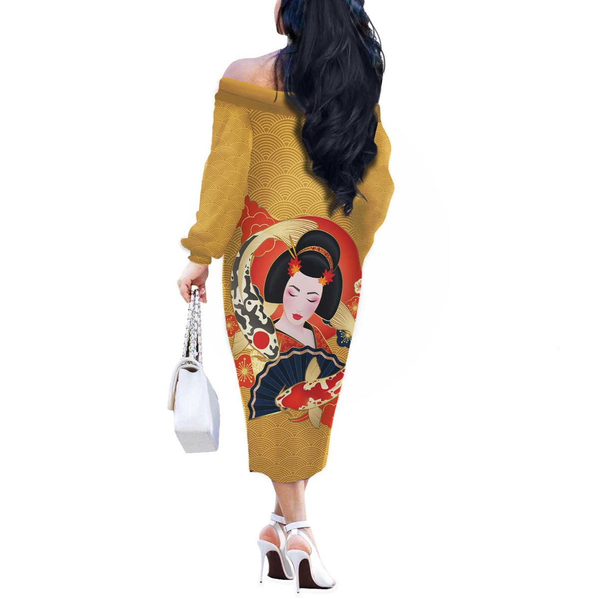 Japanese Geisha Koi Fish Off The Shoulder Long Sleeve Dress Cherry Blossoms Yellow Seigaiha Pattern LT14 - Polynesian Pride