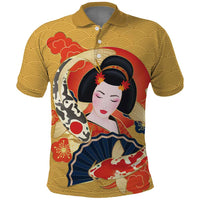 Japanese Geisha Koi Fish Polo Shirt Cherry Blossoms Yellow Seigaiha Pattern - Polynesian Pride