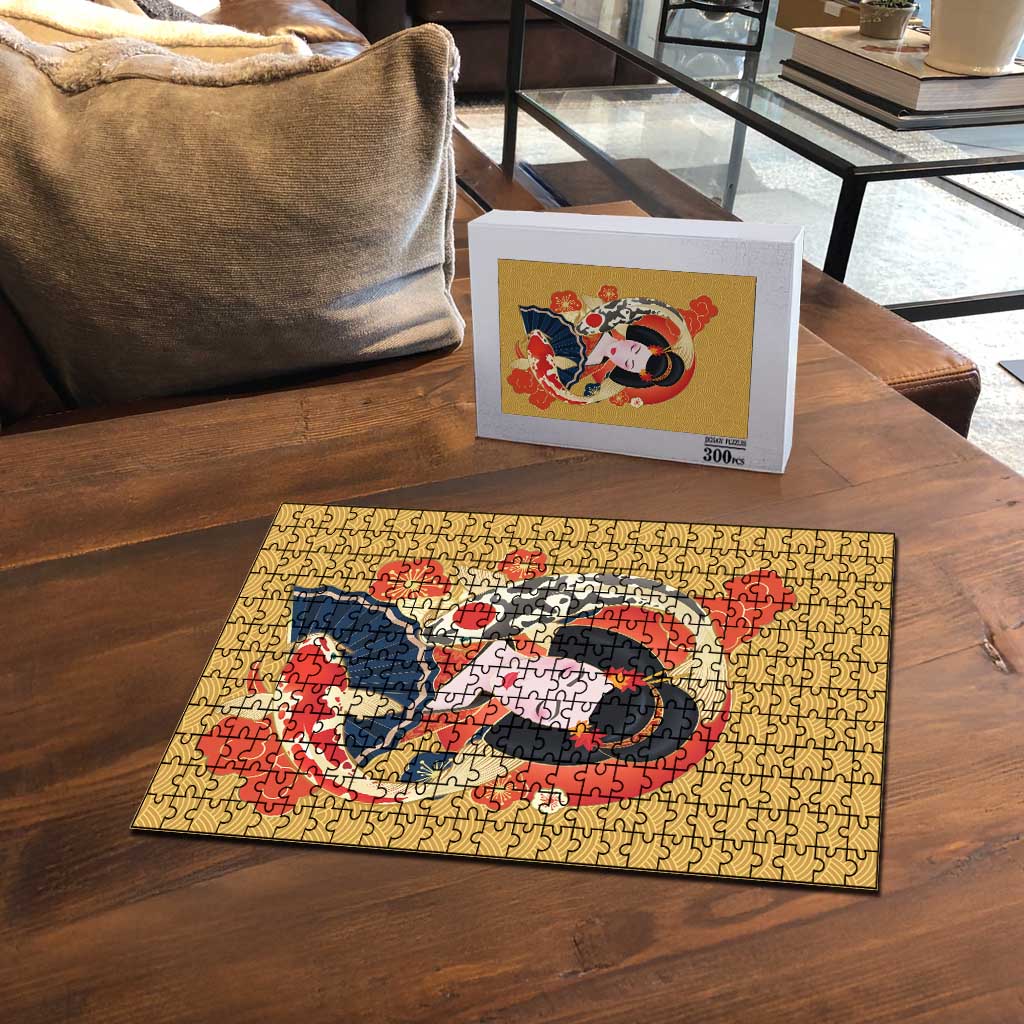 Japanese Geisha Koi Fish Puzzle Cherry Blossoms Yellow Seigaiha Pattern LT14 - Polynesian Pride