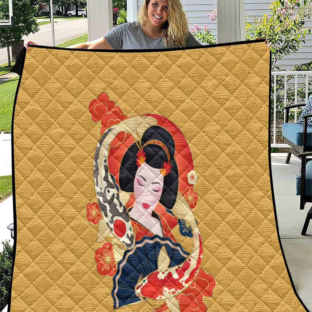 Japanese Geisha Koi Fish Quilt Cherry Blossoms Yellow Seigaiha Pattern - Polynesian Pride