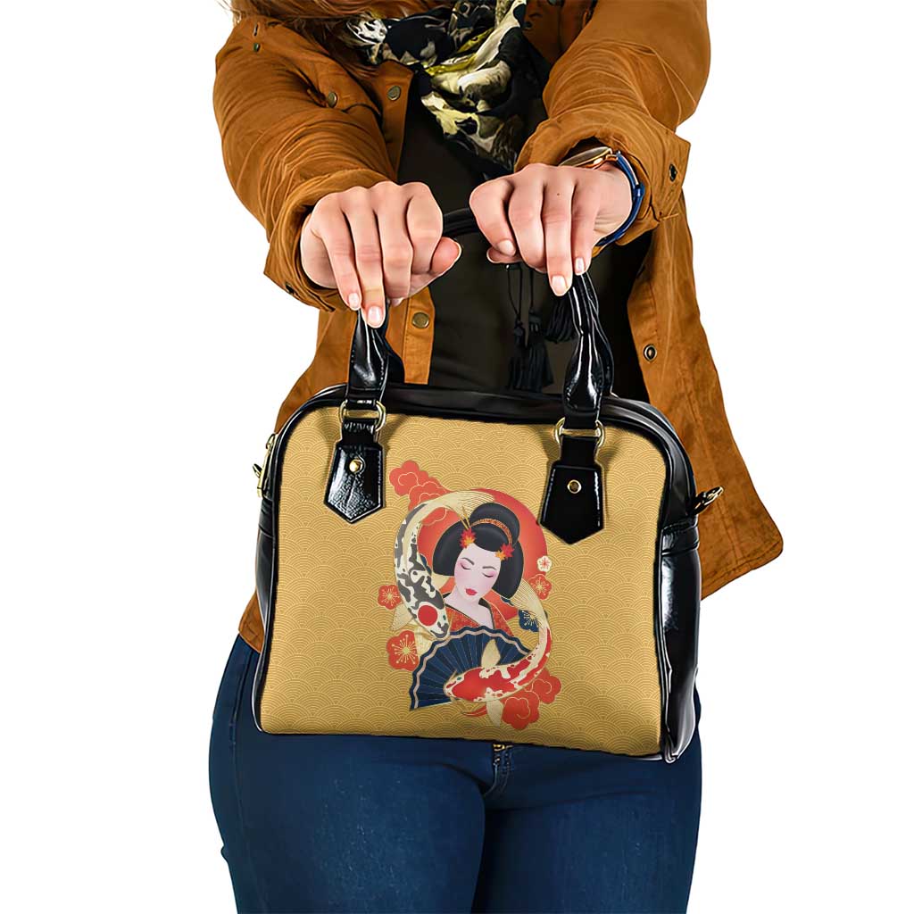 Japanese Geisha Koi Fish Shoulder Handbag Cherry Blossoms Yellow Seigaiha Pattern - Polynesian Pride