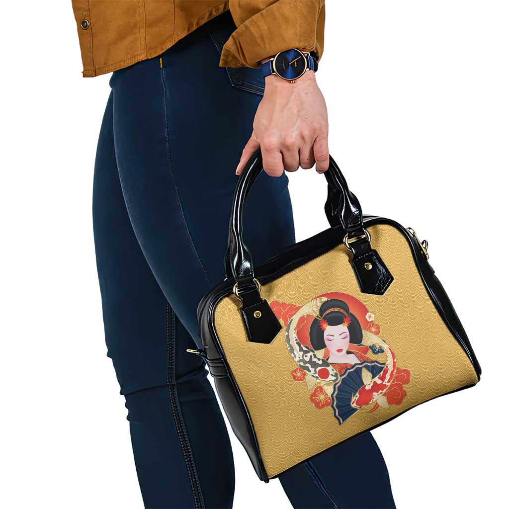 Japanese Geisha Koi Fish Shoulder Handbag Cherry Blossoms Yellow Seigaiha Pattern - Polynesian Pride