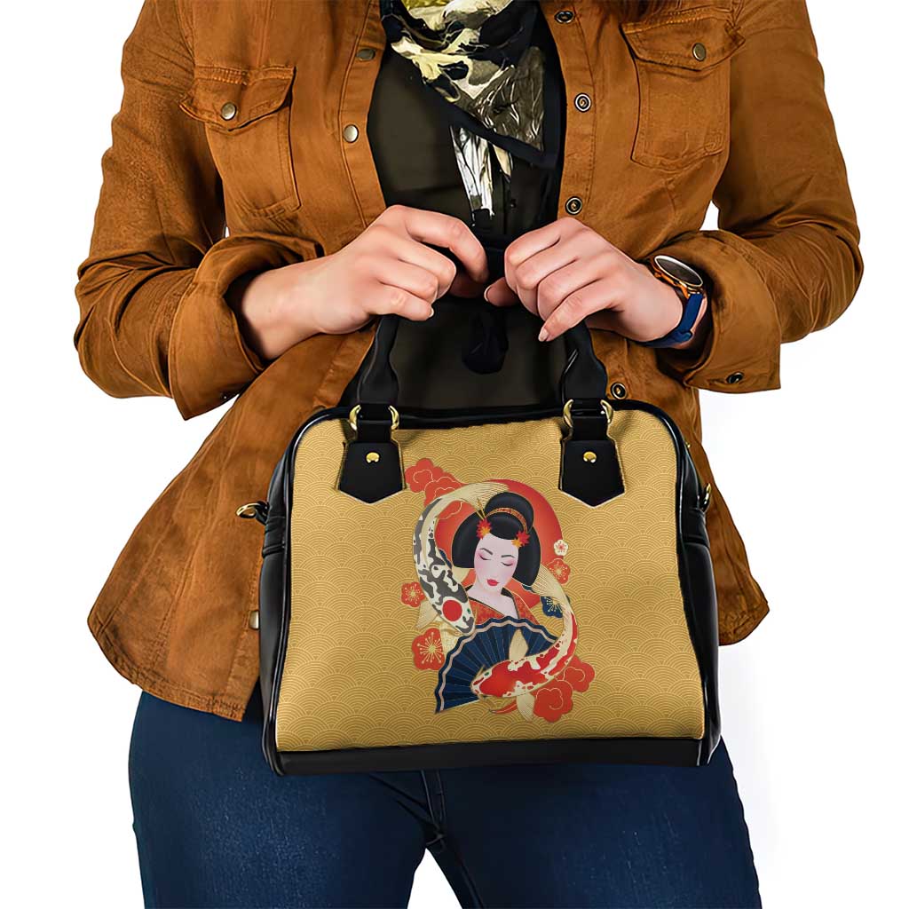 Japanese Geisha Koi Fish Shoulder Handbag Cherry Blossoms Yellow Seigaiha Pattern - Polynesian Pride