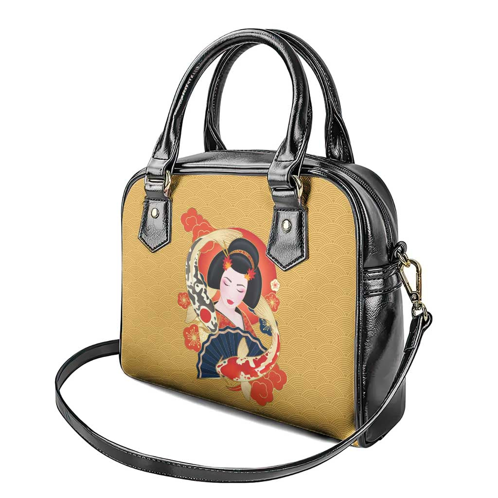 Japanese Geisha Koi Fish Shoulder Handbag Cherry Blossoms Yellow Seigaiha Pattern - Polynesian Pride
