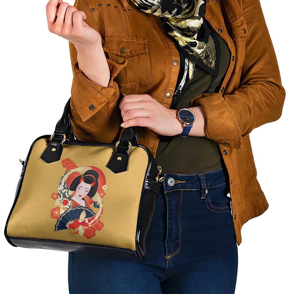 Japanese Geisha Koi Fish Shoulder Handbag Cherry Blossoms Yellow Seigaiha Pattern - Polynesian Pride