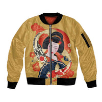 Japanese Geisha Koi Fish Sleeve Zip Bomber Jacket Cherry Blossoms Yellow Seigaiha Pattern - Polynesian Pride