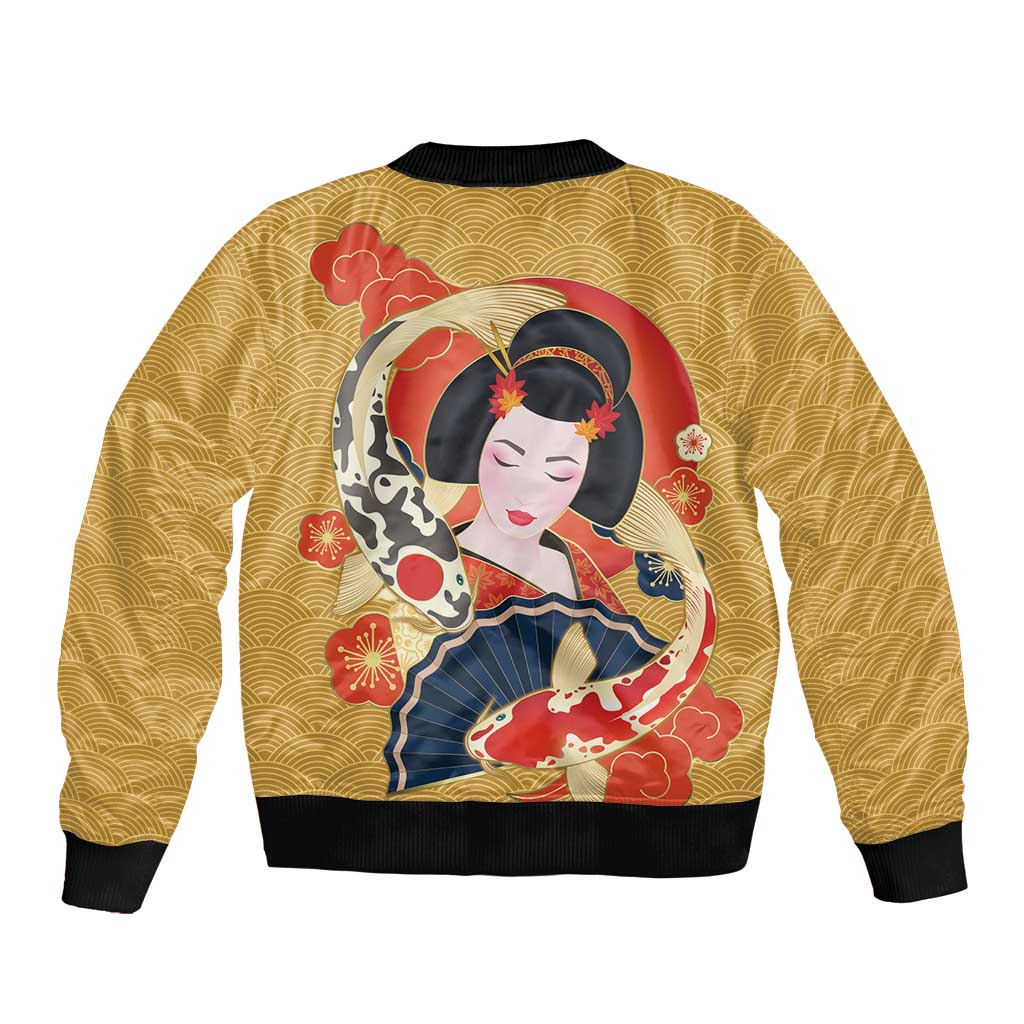Japanese Geisha Koi Fish Sleeve Zip Bomber Jacket Cherry Blossoms Yellow Seigaiha Pattern - Polynesian Pride