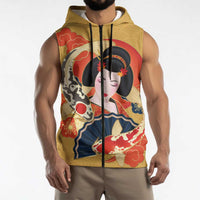 Japanese Geisha Koi Fish Sleeveless Zip Hoodie Cherry Blossoms Yellow Seigaiha Pattern - Polynesian Pride