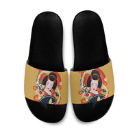 Japanese Geisha Koi Fish Slide Sandals Cherry Blossoms Yellow Seigaiha Pattern - Polynesian Pride