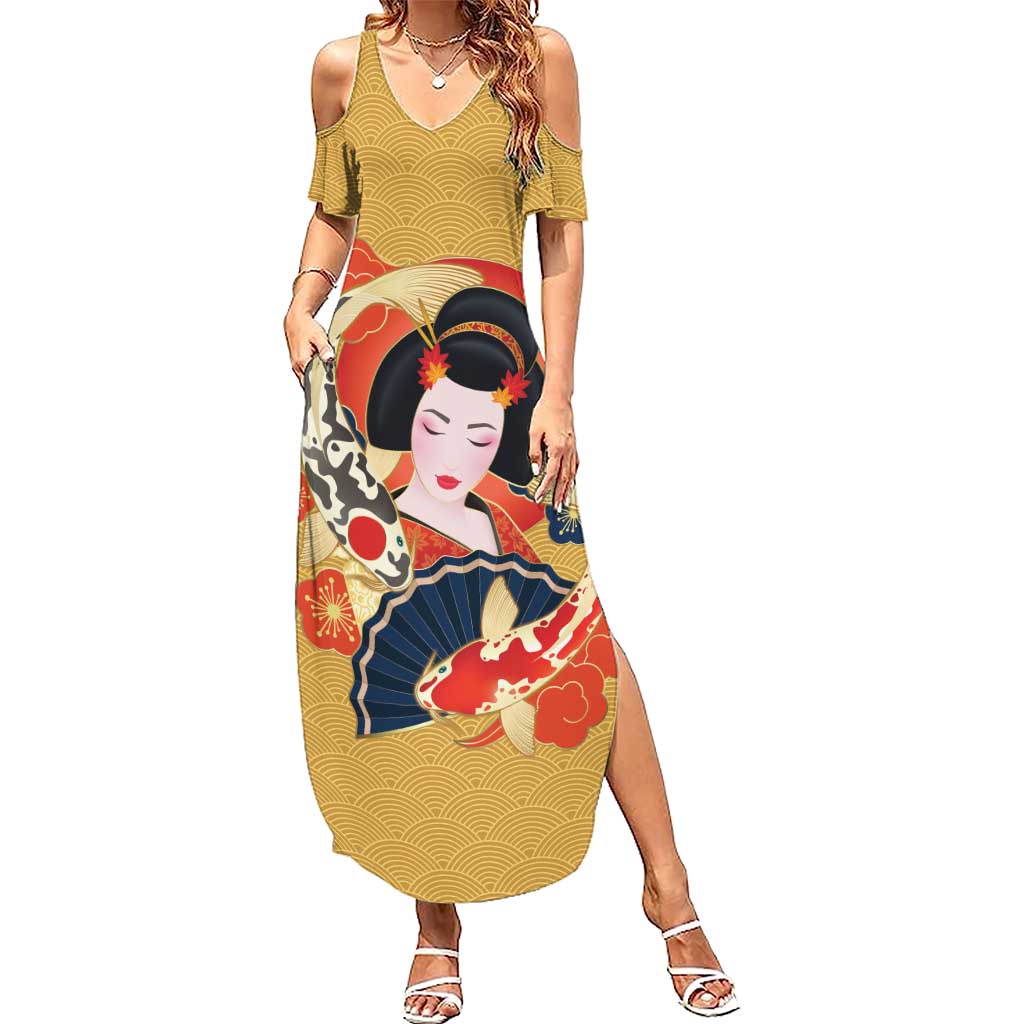 Japanese Geisha Koi Fish Summer Maxi Dress Cherry Blossoms Yellow Seigaiha Pattern LT14 Women Yellow - Polynesian Pride