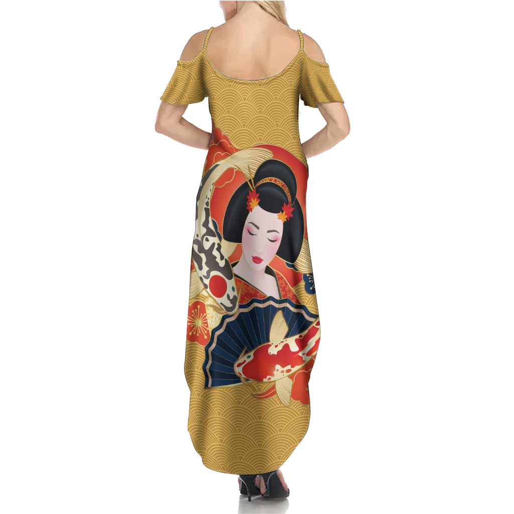 Japanese Geisha Koi Fish Summer Maxi Dress Cherry Blossoms Yellow Seigaiha Pattern LT14 - Polynesian Pride