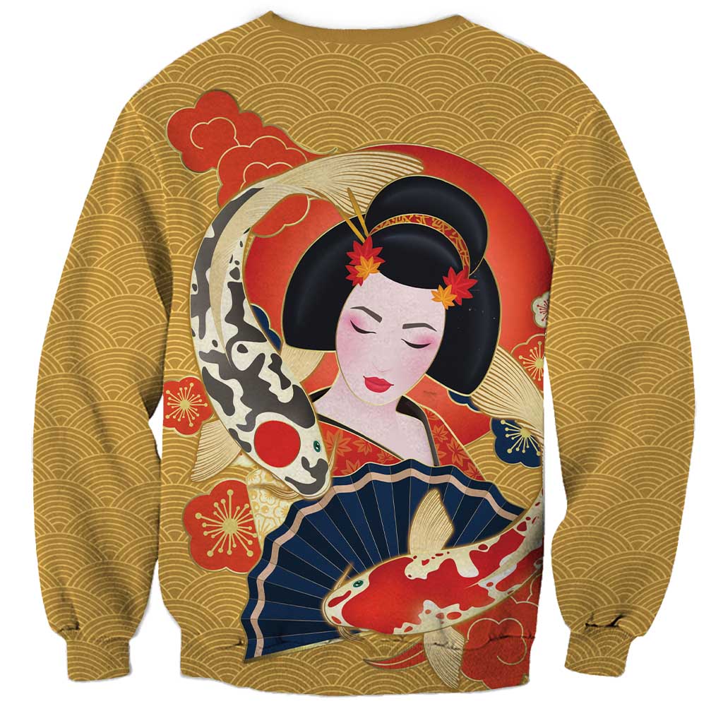 Japanese Geisha Koi Fish Sweatshirt Cherry Blossoms Yellow Seigaiha Pattern - Polynesian Pride