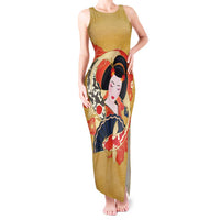 Japanese Geisha Koi Fish Tank Maxi Dress Cherry Blossoms Yellow Seigaiha Pattern - Polynesian Pride